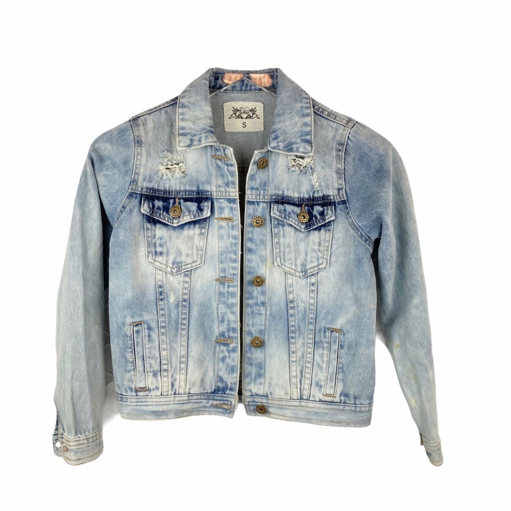 SO NIKKI Acid Wash Distressed Denim Jacket Small